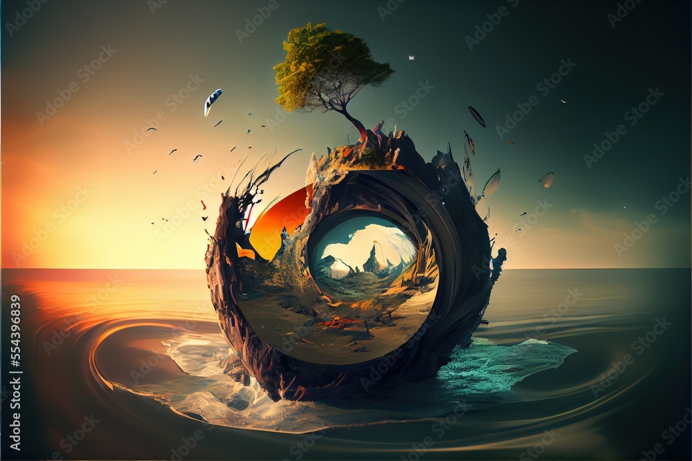 Poster a picture of a tree on a rock in the water with a sunset in the background and a tree on top of it. 