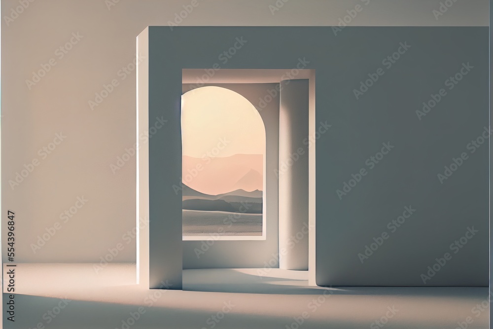Poster a doorway with a view of a mountain range through it and a sunset in the distance behind it. generat