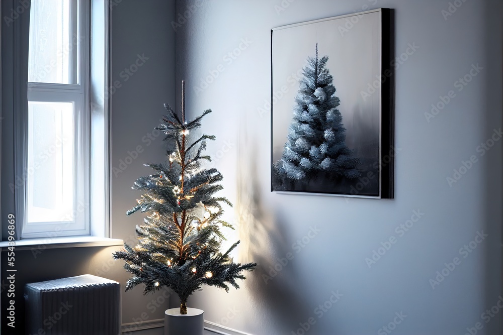 Poster a small christmas tree in a pot next to a window with a picture of a tree on the wall. generative ai