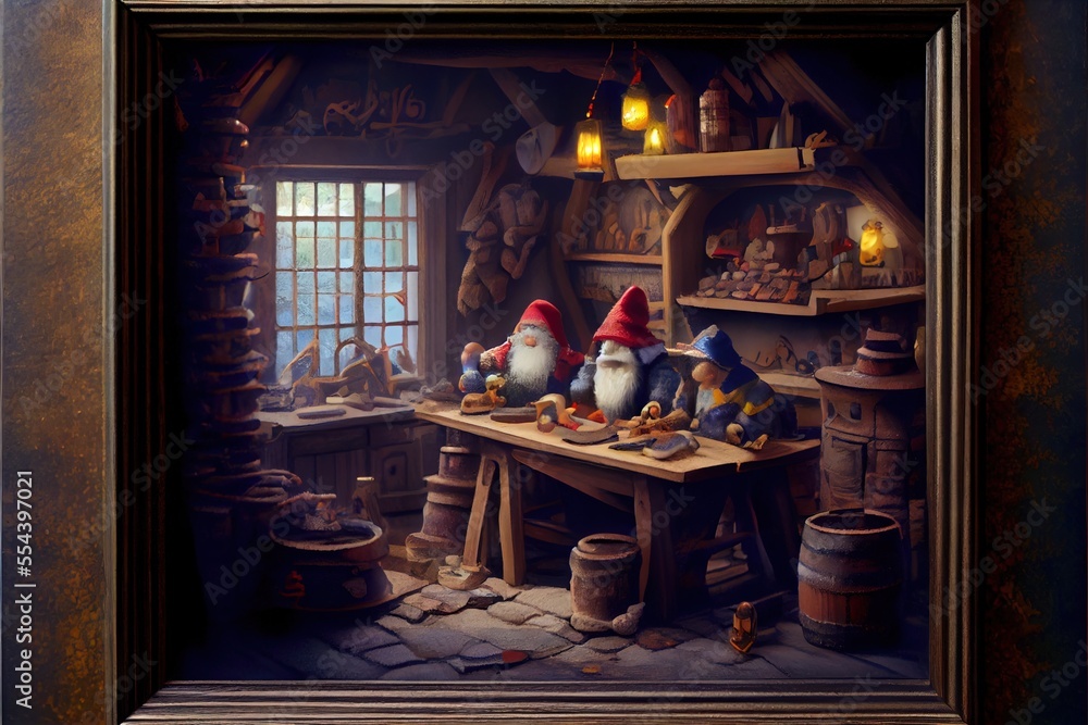 Poster a painting of a gnome's workshop with a lot of gnomes sitting around it and a window. generative ai