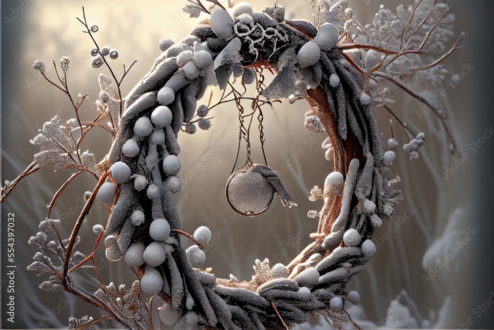 Poster a wreath with snow and berries on it in the snow with a sun shining through the branches and snow fl