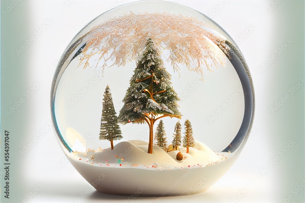 Poster a snow globe with a snow covered tree inside of it and a snow globe with a snowman inside. generativ