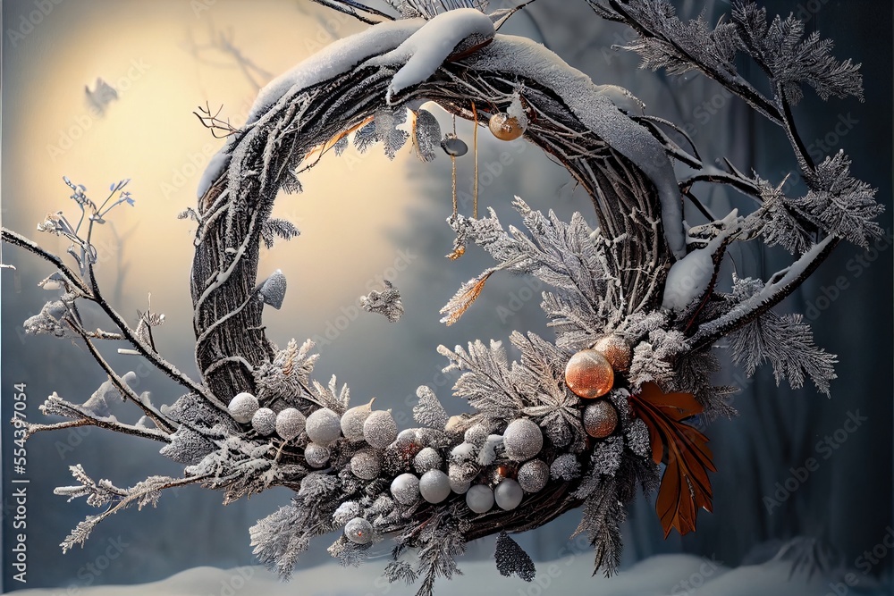 Aufkleber a wreath with a bunch of balls and a bow hanging from it's side in the snow with a full moon in the 