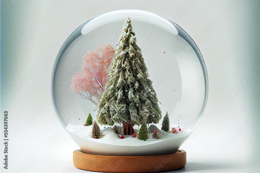 Poster a snow globe with a small tree inside of it on a wooden base and a white background with a blue bord