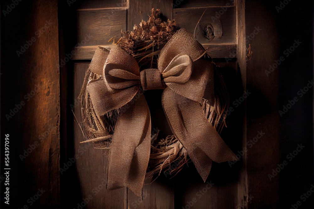 Poster a wreath with a bow hanging on a door handle with a wooden background and a door handle with a door 