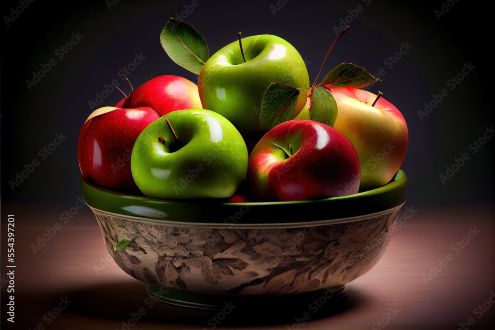 Poster a bowl of apples with leaves on a table top with a dark background and a black background behind it.