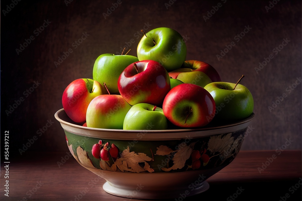 Poster a bowl of apples on a table with a dark background and a brown wall behind it. generative ai