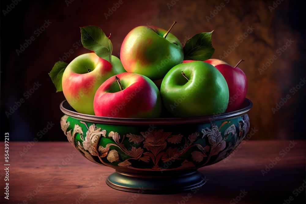 Poster a painting of apples in a bowl on a table top with leaves on it and a brown background behind. gener