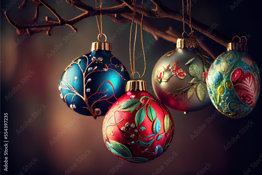 Poster a bunch of ornaments hanging from a tree branch with a dark background and a blurry background behin