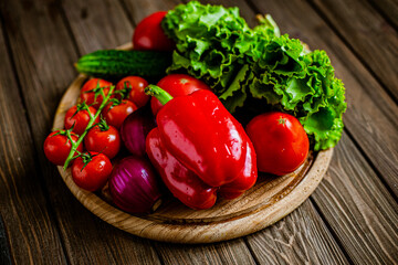 From above view of close-up still life of fresh vegetables and herbs on wooden, selective focus.