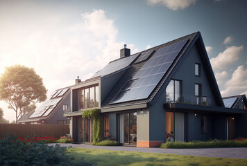 Fototapeta newly constructed homes with solar panels on the roof under a bright sky A close up of a brand new structure with dark solar panels. Zonneenergie, Zonnepanelen, Translation Sun Energy, solar panel obraz
