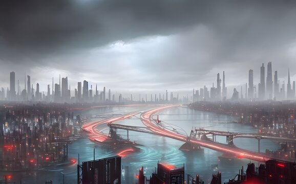 霧がかった未来の中央都市