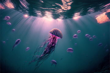 Fototapeta na wymiar Jellyfish floating in the Ocean, Digital Illustration, Concept Art