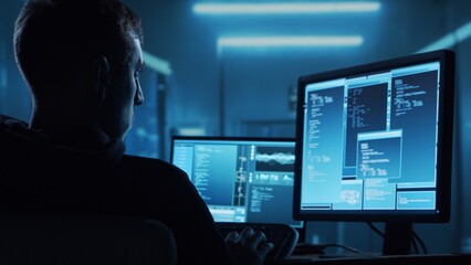 Computer Hacker in Hoodie. Obscured Dark Face. Concept of Hacker Attack, Virus Infected Software, Dark Web and Cyber Security. © Acronym
