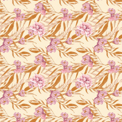 Hand drawing watercolor of Brown palm leaves  and blooming pink flower seamless pattern on yellow pastel background for  textile, fabric, wrapping paper and wallpaper