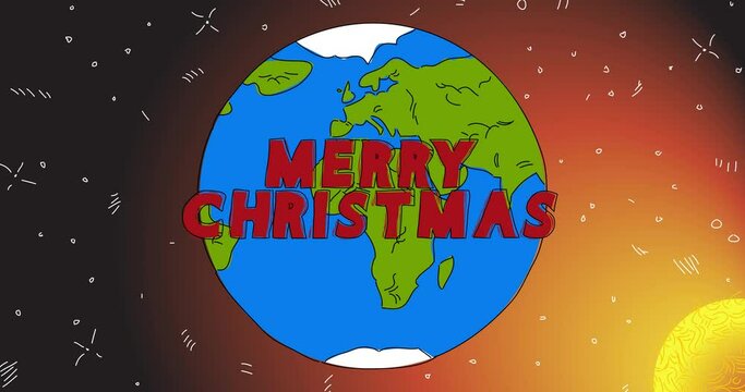 Planet Earth with Merry Christmas text. Line Art Animation. Cartoon animated space, cosmos on the background.
