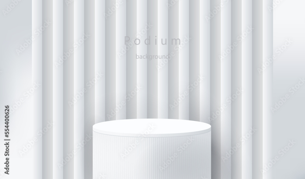 Poster white studio empty room with pedestal podium for mock up product. gray geometric platform with verti