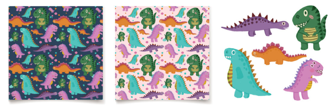 Cute dinosaurs on dark and light  background. Children's colorful print, seamless pattern for textile, wallpaper, wrapping paper, fabric. 
