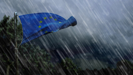 flag of European Union with rain and dark clouds, thunderstorm forecast symbol - nature 3D illustration