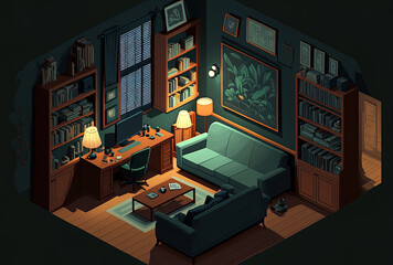 Cartoon depiction of a dark lounge interior at a home or hotel with a couch, a table, and a light in the top view of a living room with a sofa, a chair, a television on the wall, and bookcases at nigh