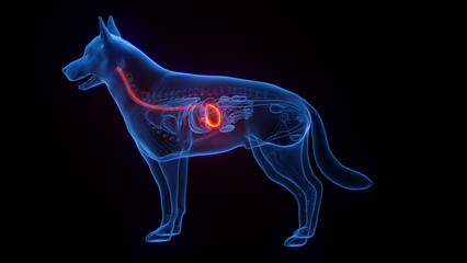 3D medical illustration of a dog's stomach and esophagus