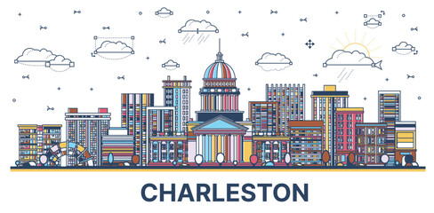 Obraz premium Outline Charleston West Virginia USA City Skyline with Modern Colored Buildings Isolated on White.