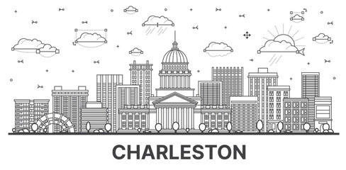 Outline Charleston West Virginia USA City Skyline with Modern Buildings Isolated on White.