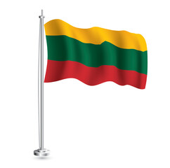 Lithuanian Flag. Isolated Realistic Wave Flag of Lithuania Country on Flagpole.