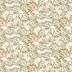 Fototapeta premium Seamless pattern with little green leaves and pink pastel watercolor background for texile, wrapping paper, backdrop. 