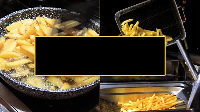 French Fries Frying in Pan and Falling down In Slow Motion Black Empty Square in middle for Title - Title Video for Cooking Channel