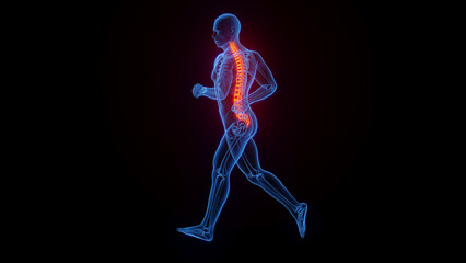 3D medical illustration of a man experiencing back pain while jogging