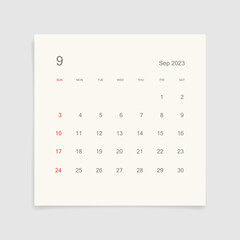 September 2023 calendar page on white background. Calendar background for reminder, business planning, appointment meeting and event. Week starts from Sunday. Vector illustration.