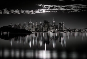 Fototapeta na wymiar Beautiful Sydney Skyline at night, captured in black and white, as viewed from Farm Cove, with reflections in the water of the bay. Generative AI