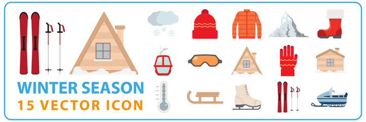 Winter season items. Cozy winter clothes. A set of winter items. Vector isolated illustration. Winter vacation or holiday mountain snow