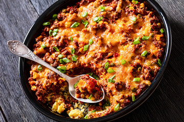 Cajun Beef Cornbread Casserole in baking dish