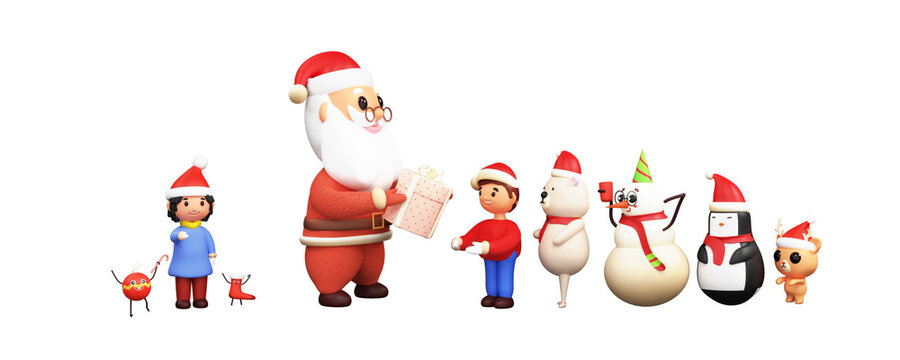 3D Render Santa Claus Offering Gifts To Kids, Polar Bear, Snowman, Penguin And Reindeer On The Occasion Of Merry Christmas.