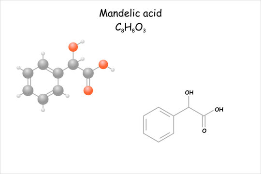 Stylized 2D molecule model/structural formula of mandelic acid.