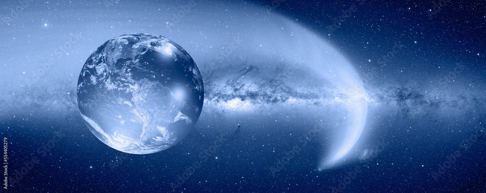 Poster comet on the space with milky way galaxy 