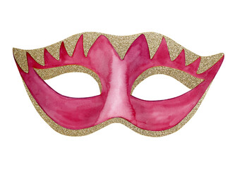 Red magenta Purim masquerade mask in Venetian style carnival mask, hand drawn wathercolor illustration isolated on white