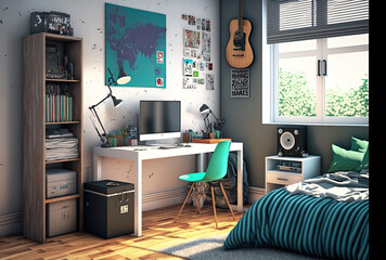 Interior of a contemporary teen's room with a desk and a bed. Generative AI