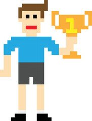 Obraz premium Boy Holding trophy Pixel art vector image.