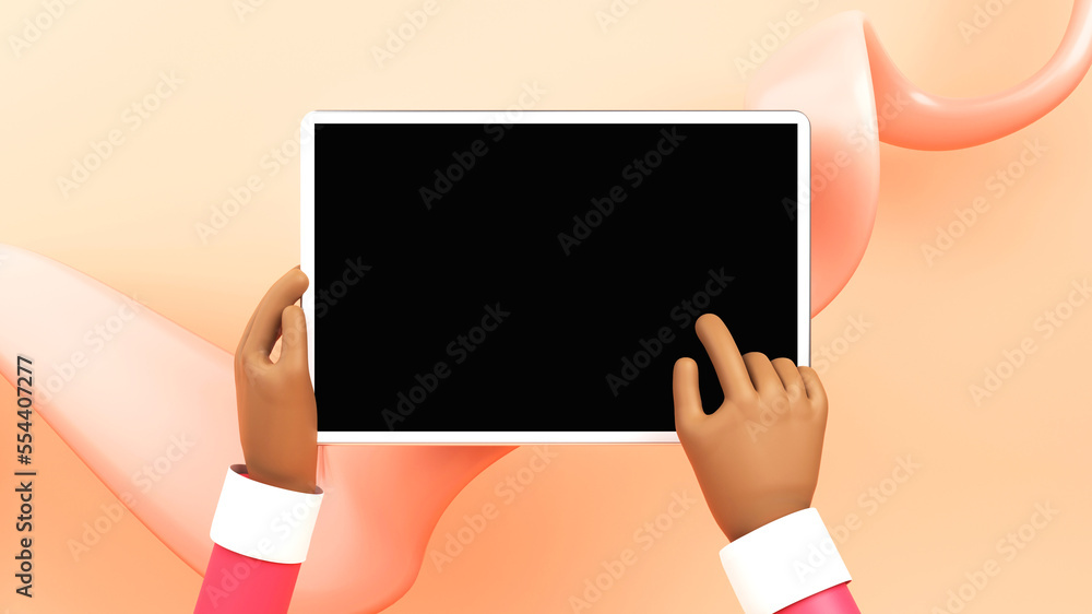 Poster 3d rendering human hands using tablet with empty screen against peach abstract wave motion backgroun