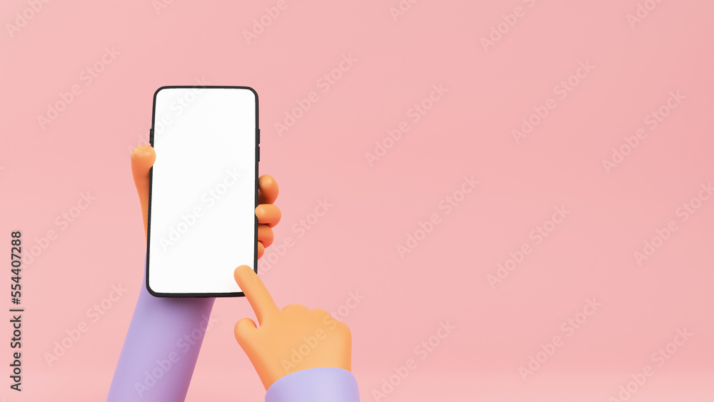Poster 3d render of human hand using smartphone with empty screen on pastel red background.