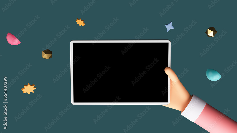 Poster 3d rendering human hand holding tablet with empty screen and geometric elements on green background.