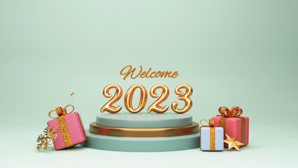 3D Rendering Golden Welcome 2023 Text Over Podium With Gift Boxes, Golden Stars, Glitter Snowflake On Light Green Background.
