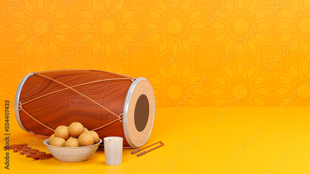 Sticker 3D Render Of Punjabi Festival Elements And Copy Space On Orange Mandala Pattern Background.