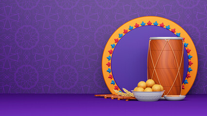 3D Render Of Punjabi Festival Elements And Empty Circular Frame On Purple Mandala Pattern Background.