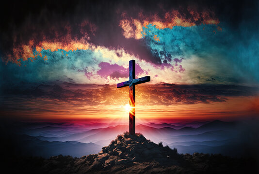 cross of Jesus Christ. Easter and the idea of resurrection. Christian iron cross against a backdrop of stunning lighting, a sunset over a mountain that is full of color, clouds, and the sky