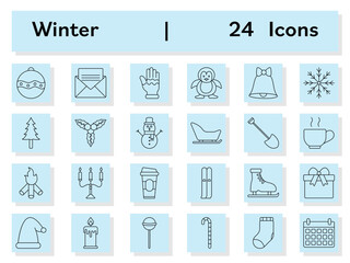 Black Linear Style Winter Celebration Or Holiday Icon Set On Blue Square Background.