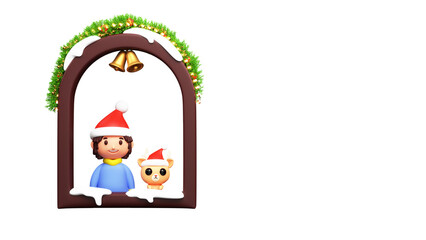 3D Render Of Cartoon Girl With Reindeer Wearing Santa Hat Looking Out From Decorative Window Illustration.